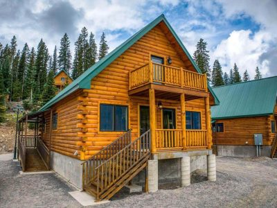 Cozy wooden cabin with green roof in a forest setting.